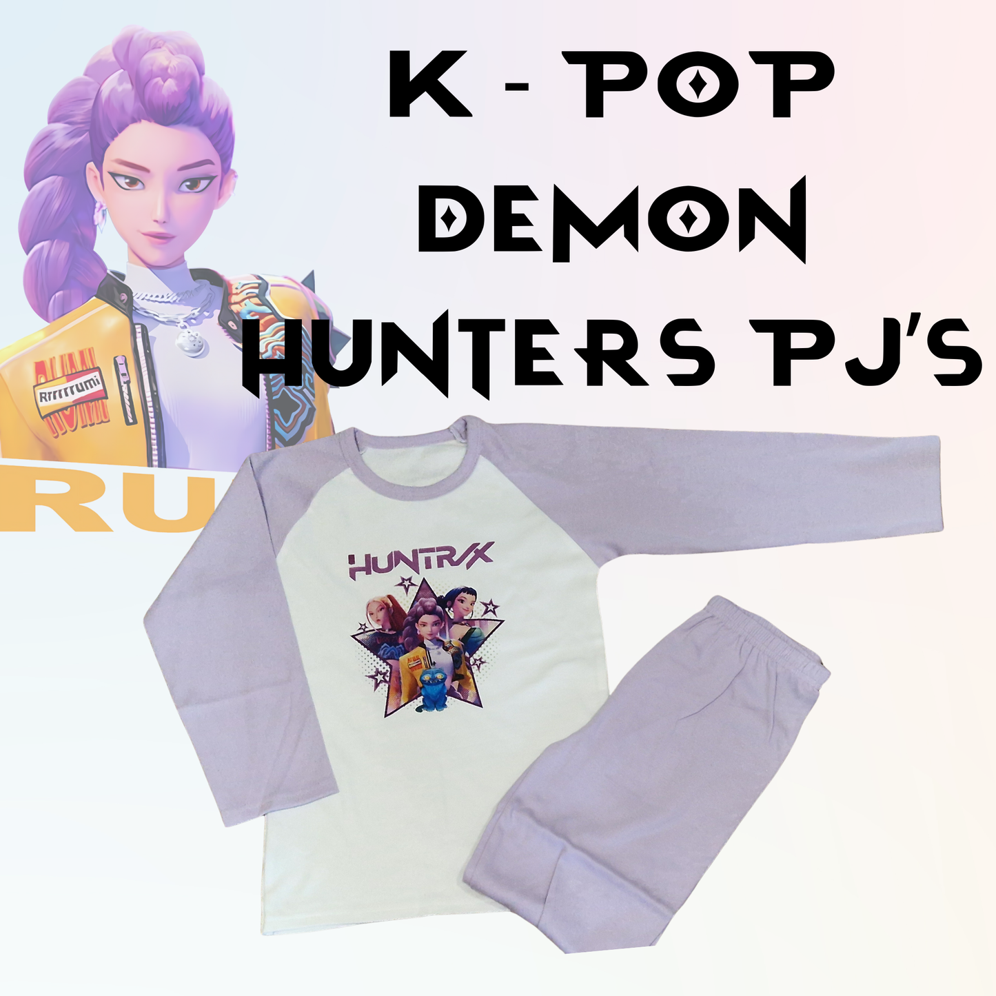 Personalised K-Pop Demon Hunters PJs | 100% Cotton Pastel Pink & Purple Kids Pyjamas