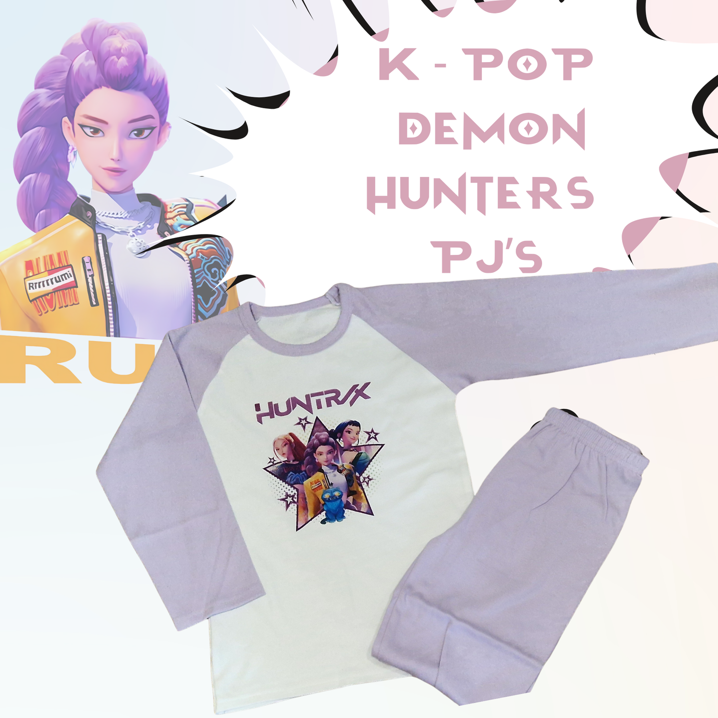 Personalised K-Pop Demon Hunters PJs | 100% Cotton Pastel Pink & Purple Kids Pyjamas