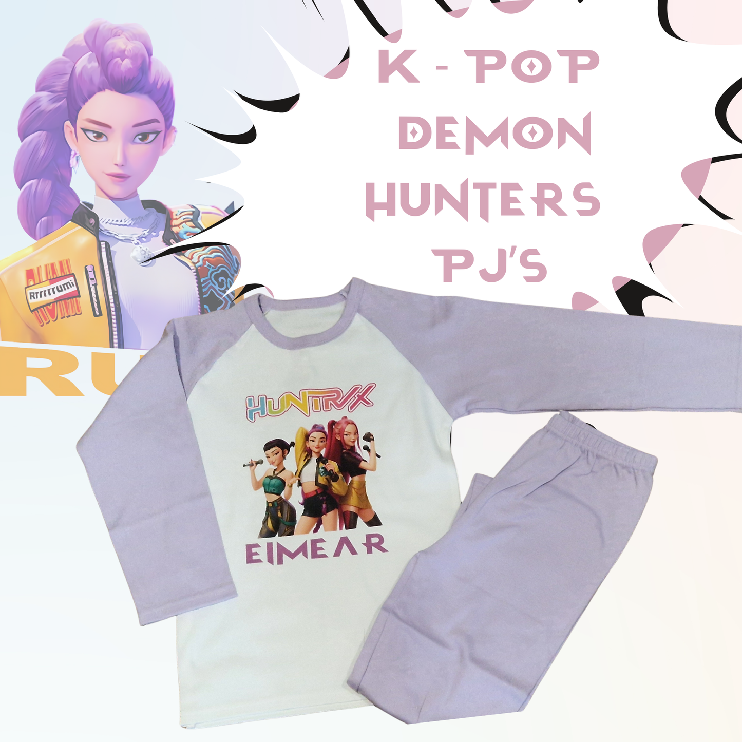 Personalised K-Pop Demon Hunters PJs | 100% Cotton Pastel Pink & Purple Kids Pyjamas