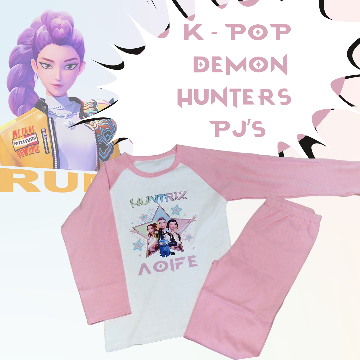 Personalised K-Pop Demon Hunters PJs | 100% Cotton Pastel Pink & Purple Kids Pyjamas