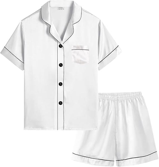 Personalised Luxury White Satin Girls Pyjamas with Black Trim - Flower Girl, Holy Communion & Confirmation PJs