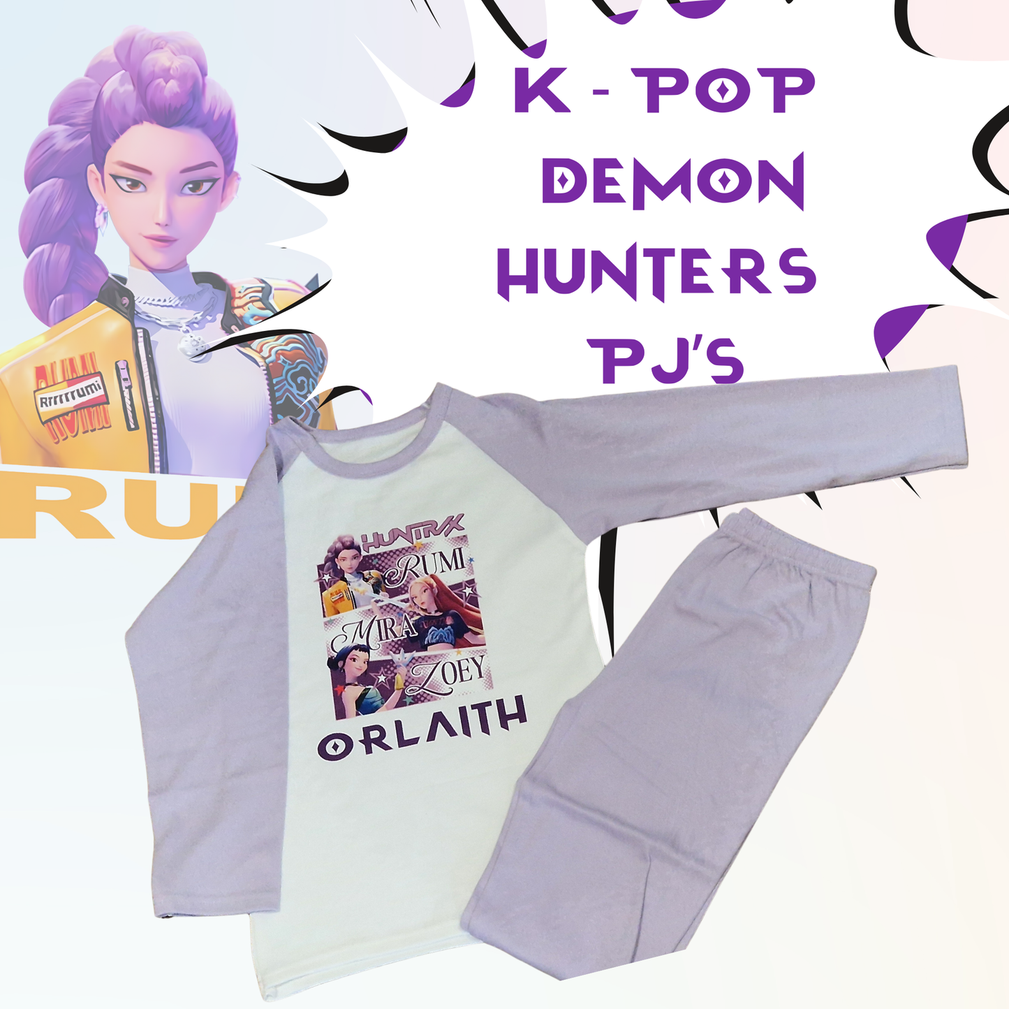 Personalised K-Pop Demon Hunters PJs | 100% Cotton Pastel Pink & Purple Kids Pyjamas