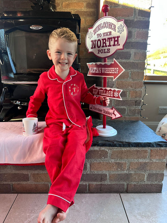 🎅 Personalised Christmas Pyjamas for Kids - Red with White trim detail. Custom Initial Festive Design - Toddler & Children's Holiday PJs