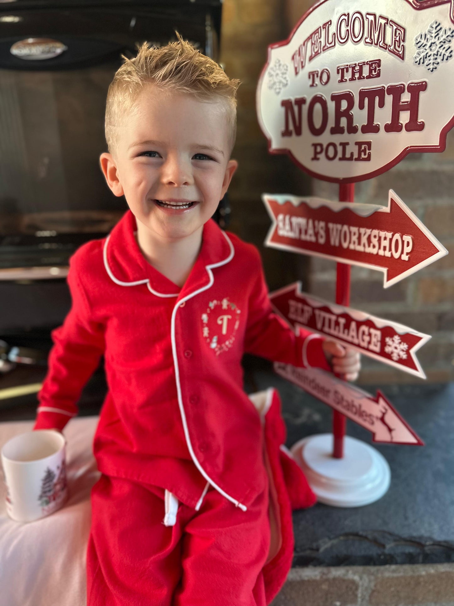 🎅 Personalised Christmas Pyjamas for Kids - Red with White trim detail. Custom Initial Festive Design - Toddler & Children's Holiday PJs