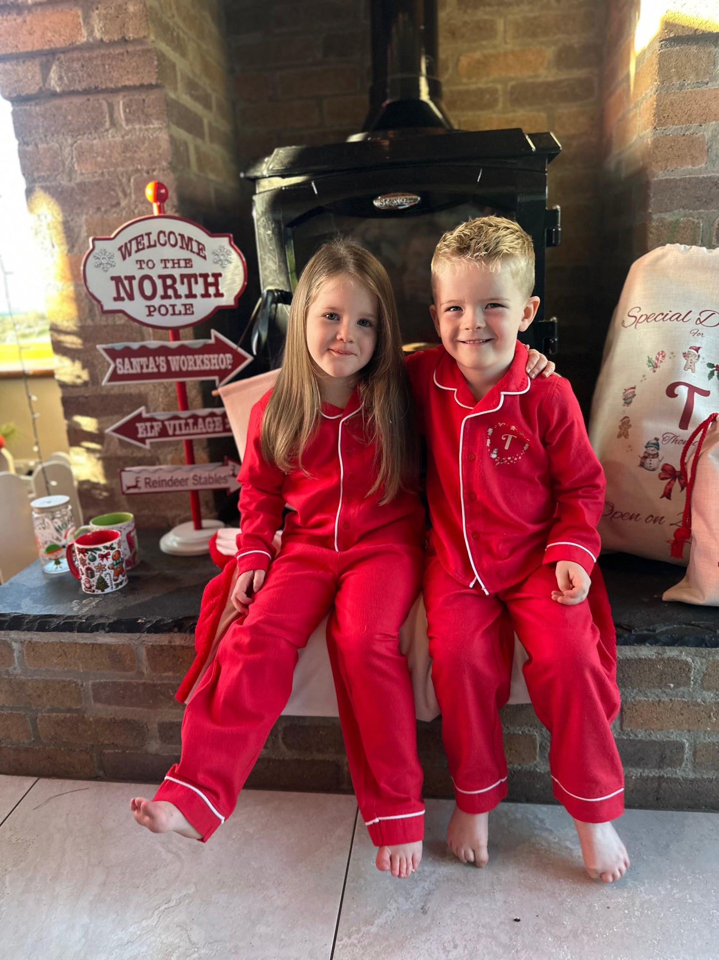 🎅 Personalised Christmas Pyjamas for Kids - Red with White trim detail. Custom Initial Festive Design - Toddler & Children's Holiday PJs