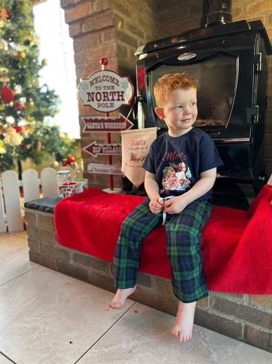 🚜 Custom Farm Christmas Pyjamas | Navy & Plaid Checked Kids PJs | Farm Animal Design